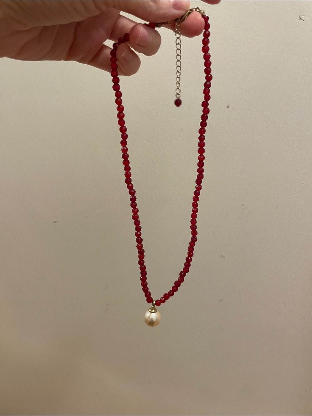 Red Beaded Necklace with Pearl Pendant - Women's Jewelry